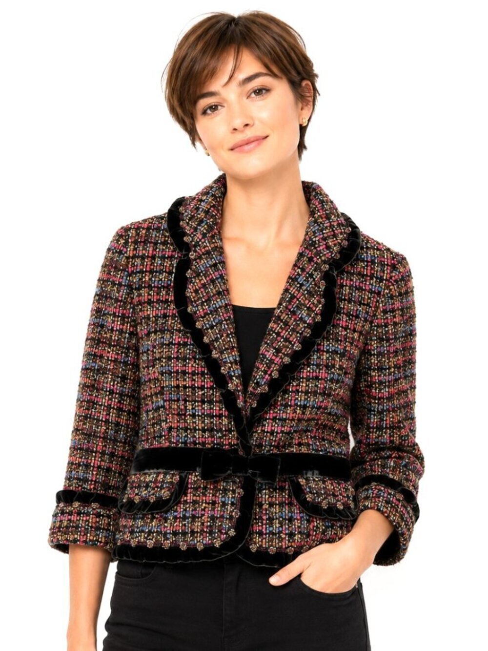 Cynthia Steffe Green Embellished Tweed Velvet Jacket Blazer